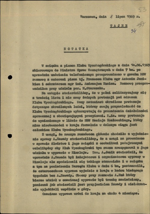 Notatka sporządzona po spotkaniu w MSW PRL z przedstawicielami Klubu Wysokogórskiego, 8 lipca 1969 roku