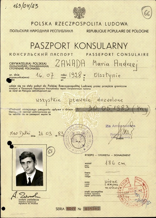 Paszport konsularny Andrzeja Zawady, 1983 rok