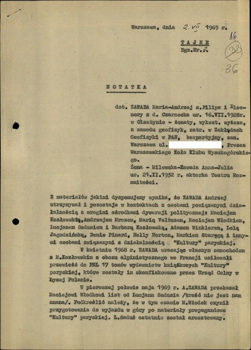 Notatka dotycząca antypaństwowej działalności Andrzeja Zawady, 2 lipca 1969 roku