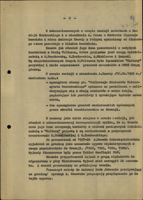 Notatka dotycząca „antypaństwowej” działalności Andrzeja Zawady, 2 lipca 1969 roku