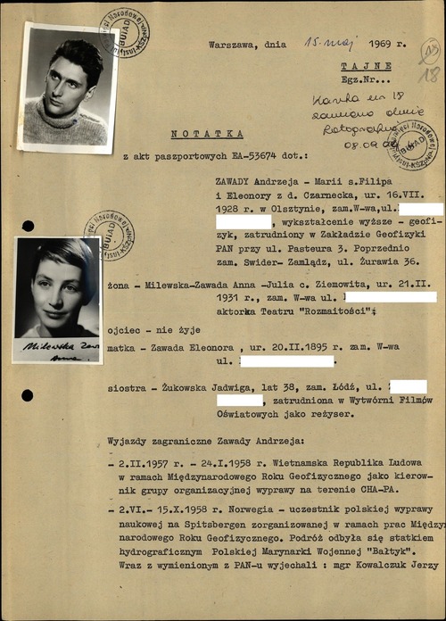 Notatka z akt paszportowych Andrzeja Zawady, 15 maja 1969 roku