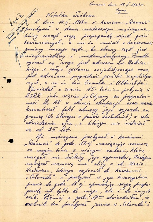 Notatka służbowa oficera operacyjnego Wydziału III MSW – donos na Mariana Ostrowskiego. Warszawa, 12 lutego 1964 r. (z zasobu AIPN)
