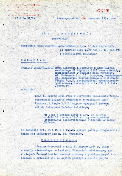 Odpis aktu oskarżenia Mariana Ostrowskiego, wydany przez Prokuraturę Wojewódzką dla m.st. Warszawy, pierwsza strona. Warszawa, 27 czerwca 1964 r. (z zasobu AIPN)