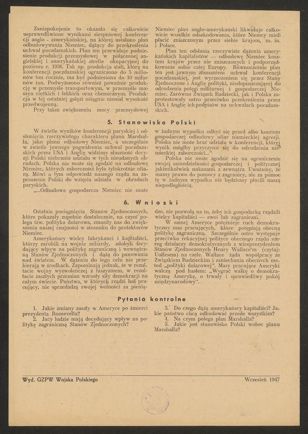 Dokument Głównego Zarządu Polityczno-Wychowawczego Wojska Polskiego – konspekt pogadanki pod tytułem Polityka dolarowa USA i plan Marshalla. Wrzesień 1947 roku