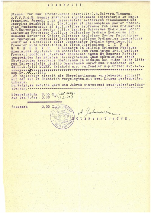 „Wierzytelny odpis” dyplomu lekarskiego Lipy Schumera z Uniwersytetu w Wiedniu. Bursztyn, 2 marca 1942 roku