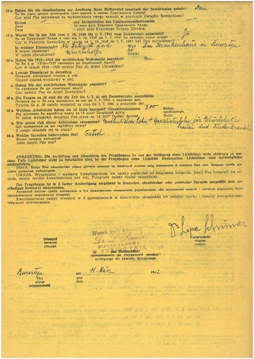 Kwestionariusz dla pierwszego zgłoszenia zawodów leczniczych dotyczący Lipy Schumera. Bursztyn, 11 marca 1942 roku