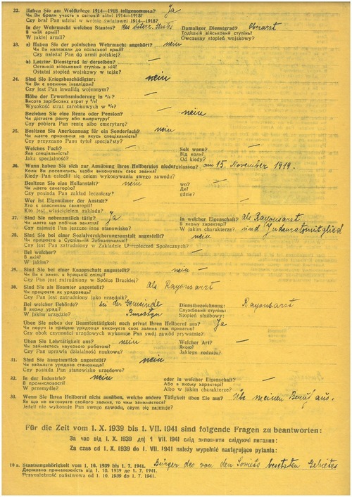 Kwestionariusz dla pierwszego zgłoszenia zawodów leczniczych dotyczący Lipy Schumera. Bursztyn, 11 marca 1942 roku