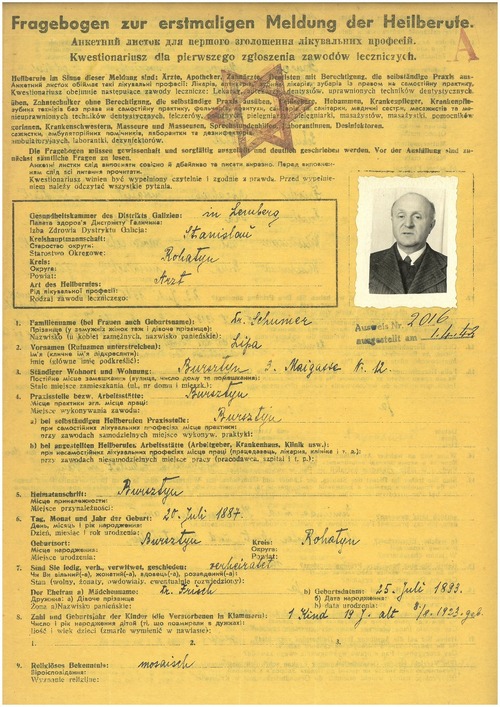 Kwestionariusz dla pierwszego zgłoszenia zawodów leczniczych dotyczący Lipy Schumera. Bursztyn, 11 marca 1942 roku