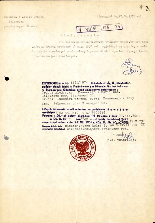 Zgoda rodziców Andrzeja – Ludomiry i Alojzego Grubbów – na wyjazdy syna za granicę „ w celu kontaktów sportowych w określonych przez władze sportowe dyscyplinach i konkurencjach sportowych”. Starogard Gdański, 17 kwietnia 1974 r. (z zasobu AIPN)