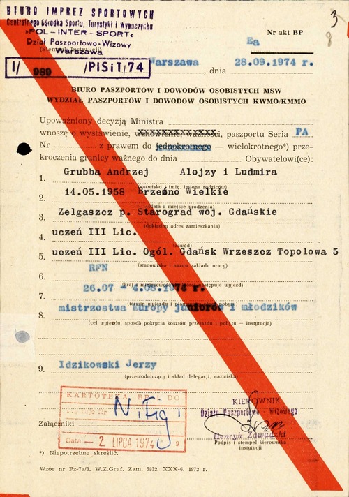 Wniosek Biura Imprez Sportowych Centralnego Ośrodka Sportu, Turystyki i Wypoczynku w Warszawie, skierowany do Biura Paszportów i Dowodów Osobistych MSW, o wydanie Andrzejowi Grubbie paszportu w związku z wyjazdem na „mistrzostwa Europy juniorów i młodzików”, 1974 r. (z zasobu AIPN)