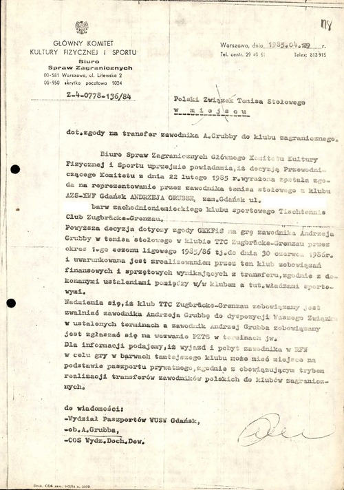 Decyzja Głównego Komitetu Kultury Fizycznej i Sportu w sprawie najważniejszego transferu w historii polskiego tenisa stołowego, tj. transferu Andrzeja Grubby do zachodnioniemieckiego klubu sportowego TTC Zugbrücke Grenzau w 1985 r. (z zasobu AIPN)