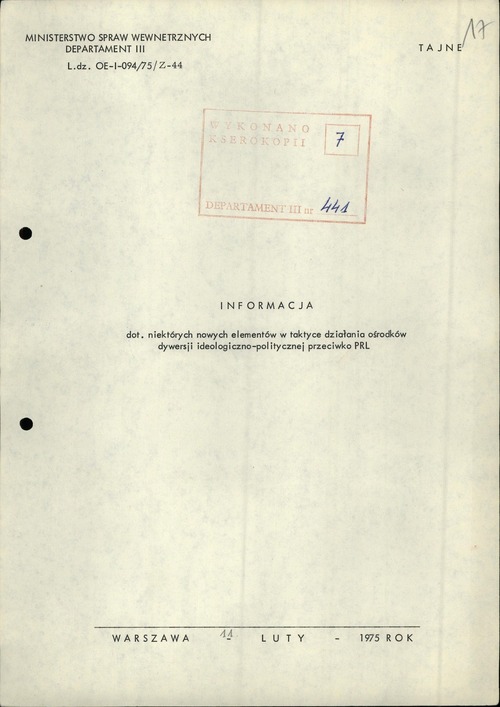 Informacja Departamentu III MSW dot. „niektórych nowych elementów w taktyce działania ośrodków dywersji ideologiczno-politycznej przeciwko PRL” (pierwsza strona). Warszawa, 11 lutego 1975 r. (z zasobu AIPN)