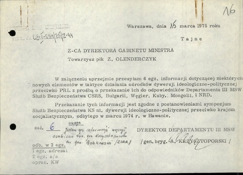 Pismo dyrektora Departamentu III MSW do zastępcy dyrektora Gabinetu Ministra Spraw Wewnętrznych. Warszawa, 15 marca 1975 r. (z zasobu AIPN)