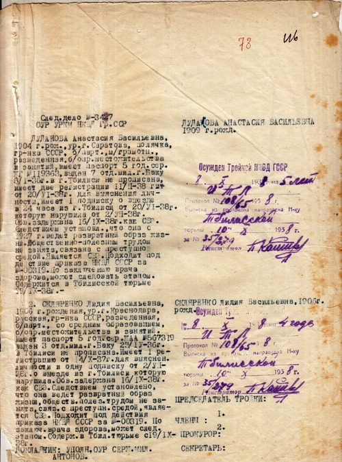 Protokół „Trójki milicyjnej” dotyczący Anastazji Dudakowej i Lidii Sklarienko. Tbilisi, 8 października 1938 r. (z zasobu AIPN)