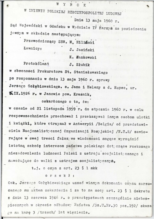 Wyrok Sądu Wojewódzkiego w Gdańsku z dnia 13 maja 1960 roku skazujący Jerzego Gołębiewskiego za współpracę z Narodowym Związkiem Pracujących w latach 1959-1960