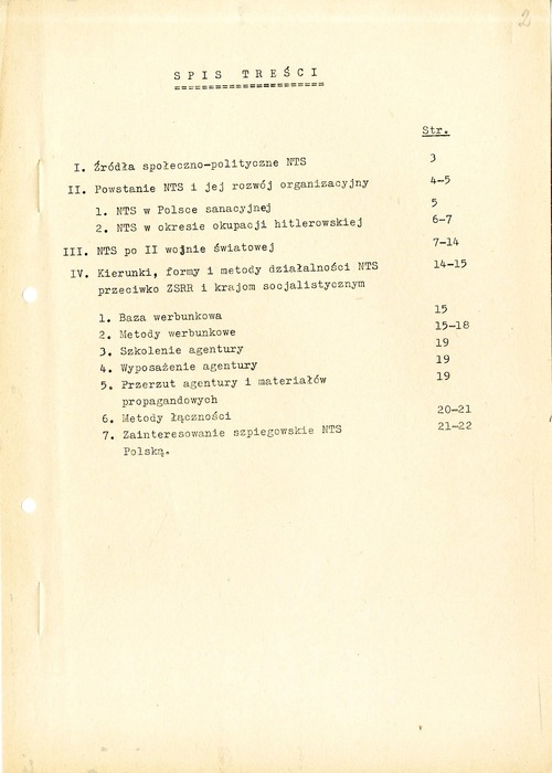 Spis treści opracowania Departamentu II MSW z 1962 roku dotyczącego Narodowego Związku Pracujących (z zasobu IPN)