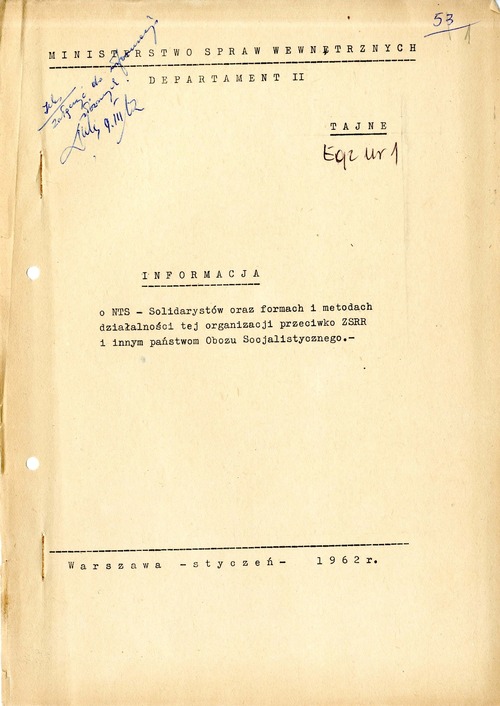 Strona tytułowa opracowania Departamentu II MSW z 1962 roku dotyczącego Narodowego Związku Pracujących