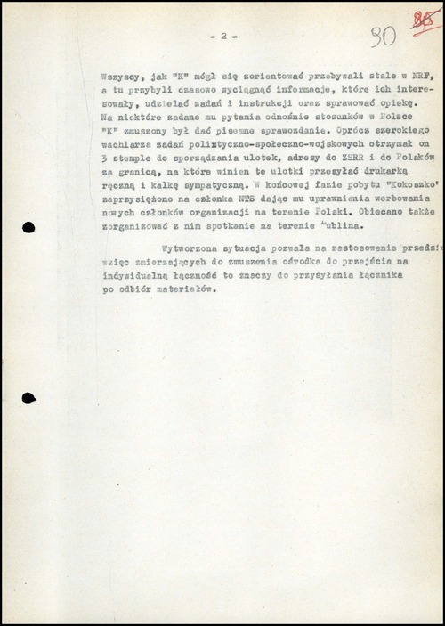 Druga strona informacji z dnia 1 października 1964 roku dotyczącej gry operacyjnej prowadzonej z ośrodkiem Narodowego Związku Pracujących w RFN i Holandii