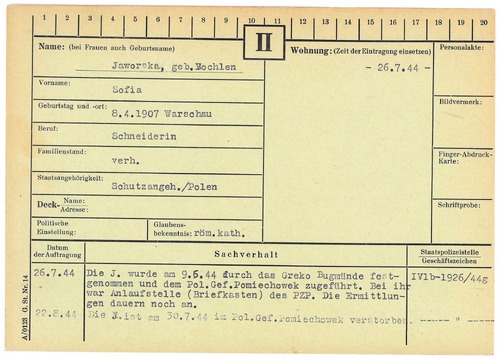 Karta z kartoteki gestapo na nazwisko Zofii Jaworskiej (ze zbiorów Archiwum IPN)