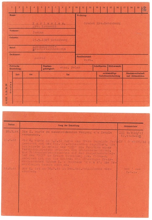 Karta z kartoteki osobowej gestapo na nazwisko Janiny Karłowicz ps. Amicis (ze zbiorów Archiwum IPN)