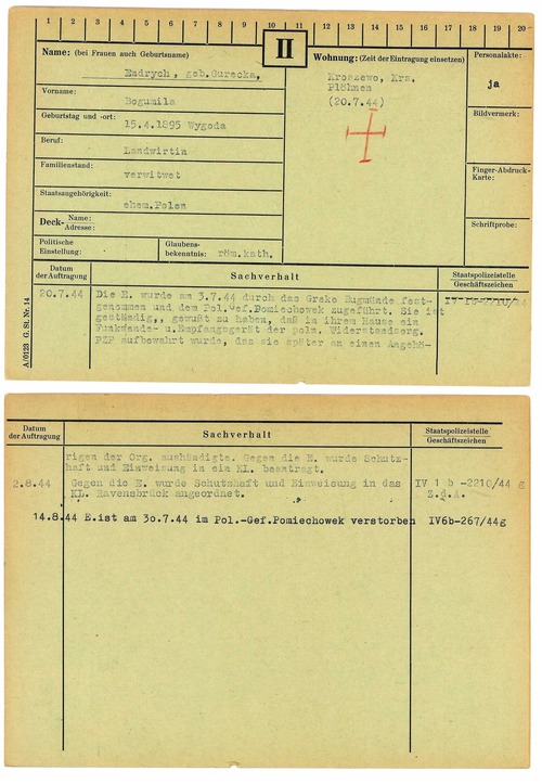Karta z kartoteki osobowej gestapo na nazwisko Bogumiły Endrych (ze zbiorów Archiwum IPN)