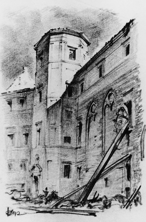 Jan Zachwatowicz, Dziedziniec Zamku Królewskiego w Warszawie w październiku 1939 r., rysunek ołówkiem (fot. Paweł Kobek, Zamek Królewski w Warszawie – Muzeum)