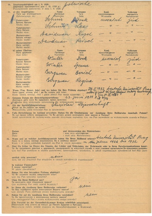 Kwestionariusz dla pierwszego zgłoszenia zawodów leczniczych dotyczący Kopela Schnira, 1942 r. (z zasobu IPN)