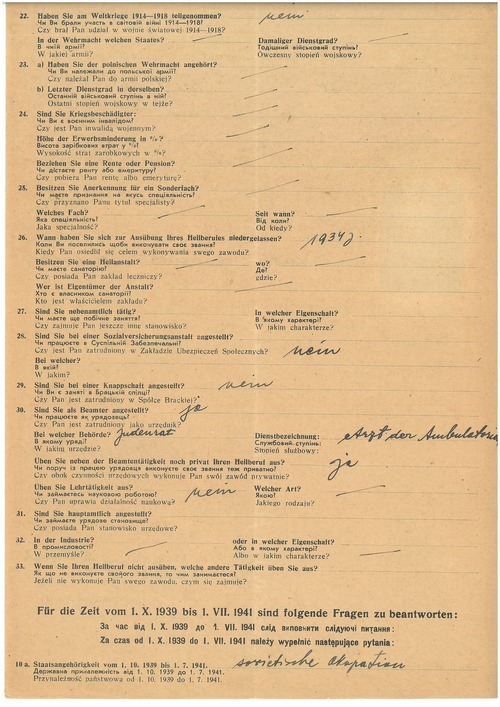Kwestionariusz dla pierwszego zgłoszenia zawodów leczniczych dotyczący Kopela Schnira, 1942 r. (z zasobu IPN)