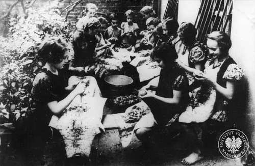 Dziewczynki z Domu Sierot żydowskich (prowadzonego przez Janusza Korczaka) obierają ziemniaki na terenie domu „Różyczka” na Gocławku, kolonie letnie 1940 roku (fot. z zasobu AIPN)