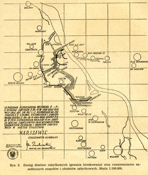 Zasięg dzielnicy zabytkowej Warszawy według władz konserwatorskich, za: „Biuletyn Historii Sztuki i Kultury” 1947, nr ½