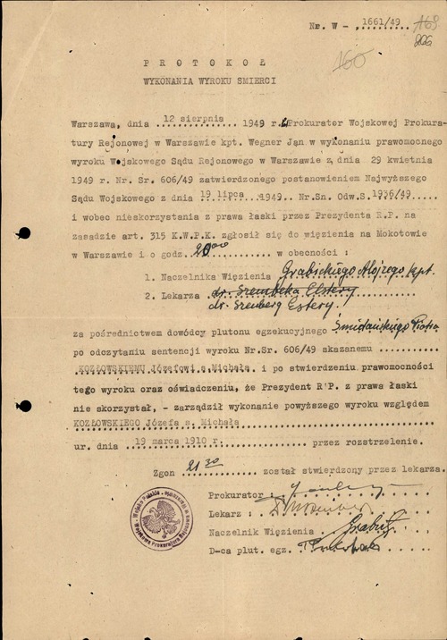 Protokół wykonania kary śmierci na Józefie Kozłowskim. Warszawa, 12 sierpnia 1949 r. (z zasobu IPN)