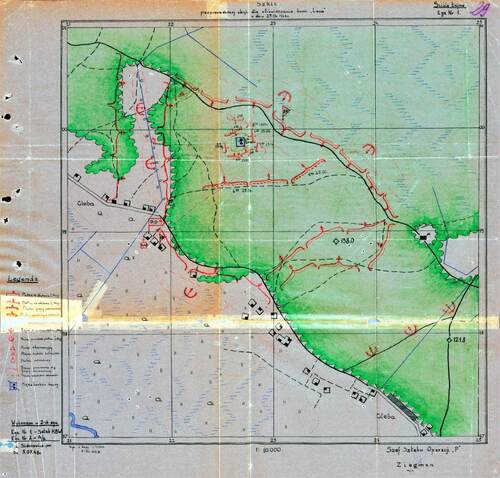 Oleat przedstawiający szkic sytuacyjny akcji przeprowadzonej przez Korpus Bezpieczeństwa Wewnętrznego w dniu 25 czerwca 1948 r. „dla zlikwidowania bandy »Lasa«” (z zasobu IPN)