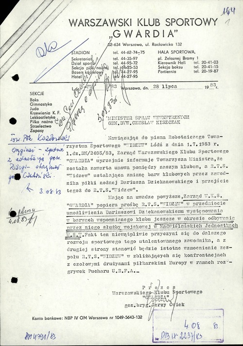Pismo prezesa Warszawskiego Klubu Sportowego Gwardia Jerzego Ćwieka do ministra spraw wewnętrznych Czesława Kiszczaka, w sprawie transferu Dariusza Dziekanowskiego do R.T.S. Widzew