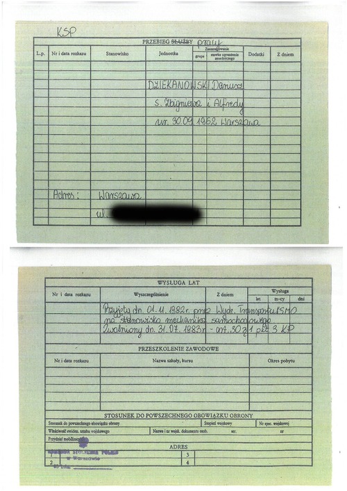 Karta z kartoteki osobowej funkcjonariuszy i pracowników resortu spraw wewnętrznych dotycząca Dariusza Dziekanowskiego (z zasobu IPN)