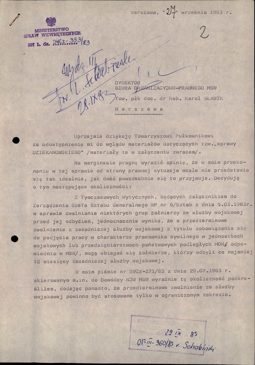 Opinia Lucjana Czubińskiego, wiceministra spraw wewnętrznych, w sprawie DZIEKANOWSKIEGO. Warszawa, 27 września 1983 roku