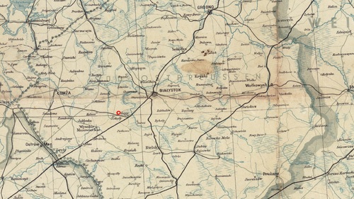 Położenie wsi Roszki-Wodźki na niemieckiej mapie <i>Bezirk</i> Białystok z lipca 1944 r.