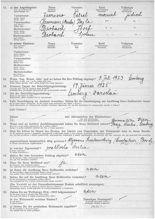 Kwestionariusz dla pierwszego zgłoszenia zawodów leczniczych dotyczący Cecilie Jawrower