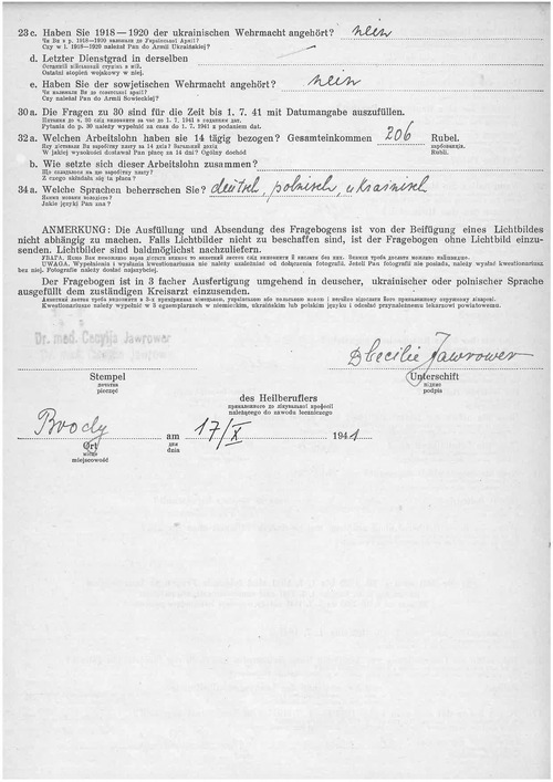 Kwestionariusz dla pierwszego zgłoszenia zawodów leczniczych dotyczący Cecilie Jawrower