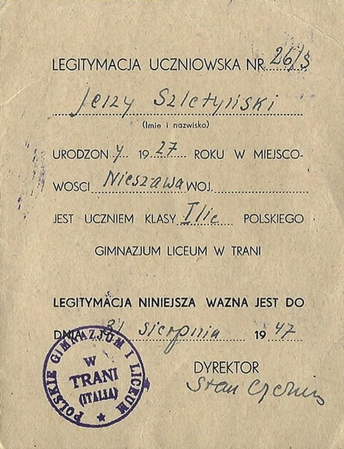 Jerzy Szletyński, legitymacja gimnazjum w Trani