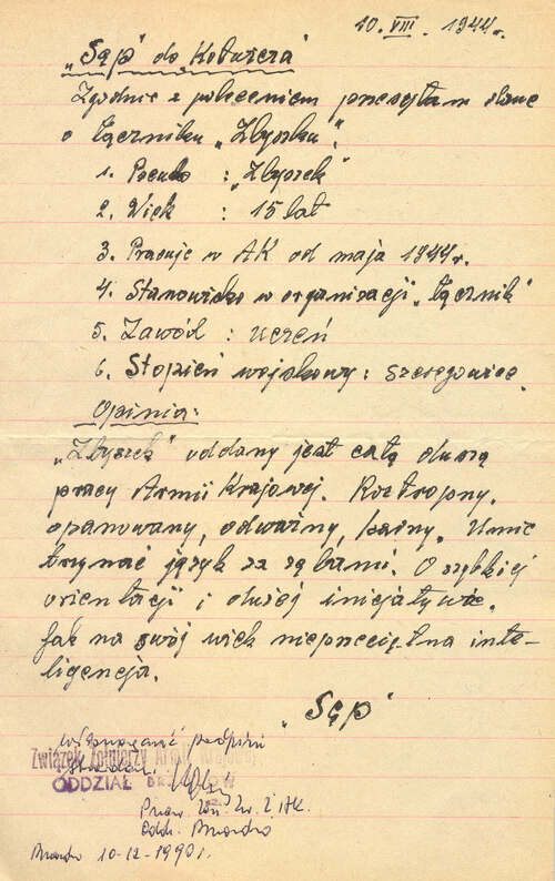 OpiniaStefana Miksiewicza dla porucznika Józefa Cząstki – komendanta Obwodu AK Brzozów] o łączniku AK Zbigniewie Kubasie