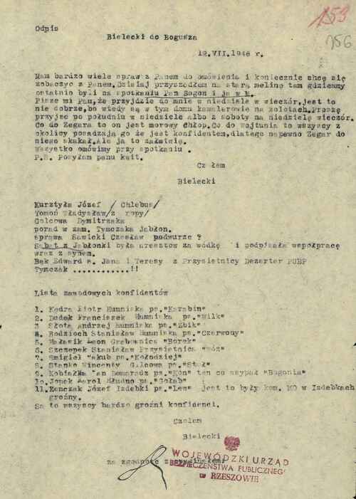 Meldunek Bieleckiego - S. Miskiewicza do Bogusza - Jana Preidla, 12 VII 1946 r. (z zasobu IPN)