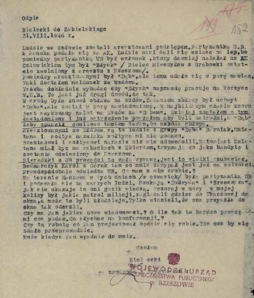 Raport Bieleckiego - S. Miksiewicza do Zabielskiego - J. Preidla, 31 VIII 1946 r. (Z zasobu IPN)