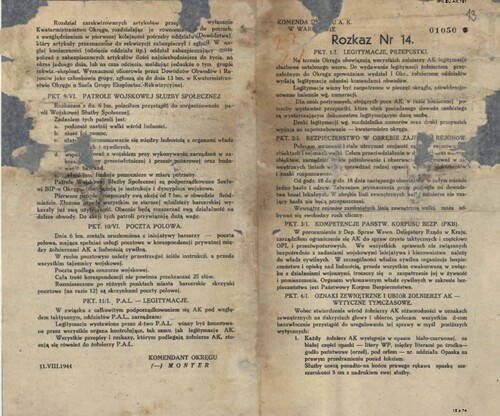 Rozkaz nr 14 dotyczący m.in. oznak zewnętrznych i ubioru żołnierzy Armii Krajowej (z zasobu IPN)