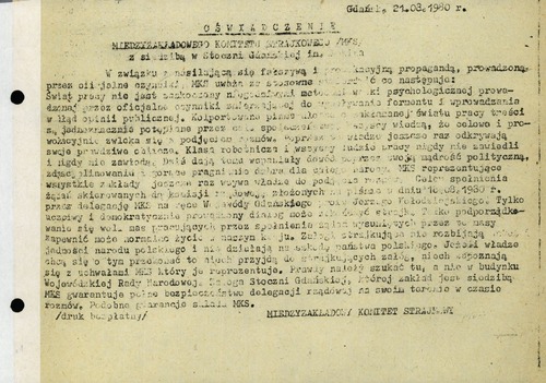 Oświadczenie MKS z siedzibą w Stoczni Gdańskiej im. Lenina. Z dokumentu tego wynika, że władze celowo zwlekały z podjęciem rozmów ze strajkującymi, obwiniając ich o straty finansowe, jakie przynoszą kolejne dni protestu. Gdańsk, 21 sierpnia 1980 r.