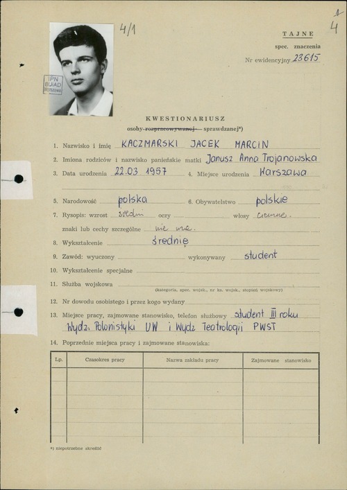 Kwestionariusz osoby sprawdzanej (strona pierwsza) dotyczący Jacka Kaczmarskiego, 1978 r. (z zasobu IPN)