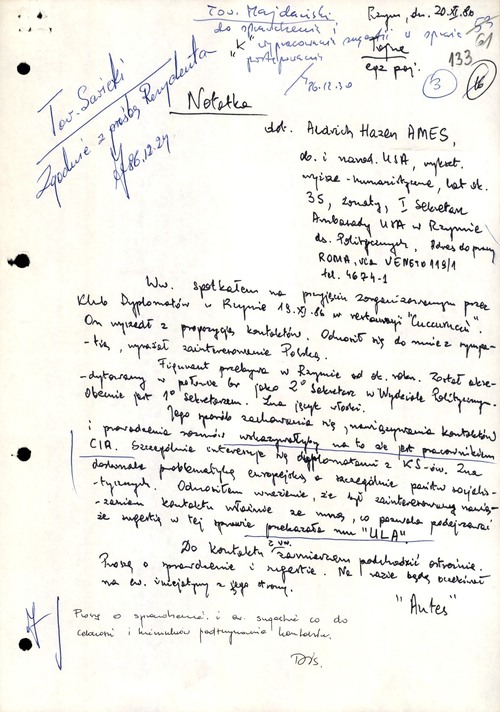 Notatka oficera operacyjnego rezydentury w Rzymie pseudonim „Antes” dotycząca Aldricha H. Amesa, 20 listopada 1986 roku
