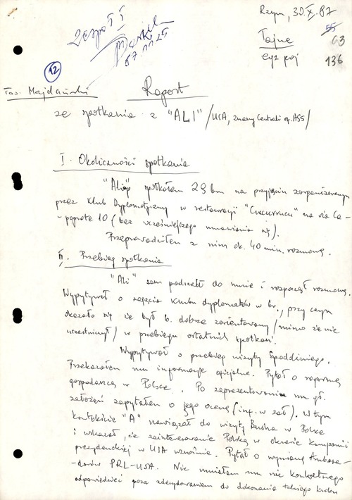 Raport oficera operacyjnego rezydentury w Rzymie pseudonim „Antes” ze spotkania z figurantem pseudonim „Ali”, czyli Aldrichem H. Amesem, 30 października 1987 roku