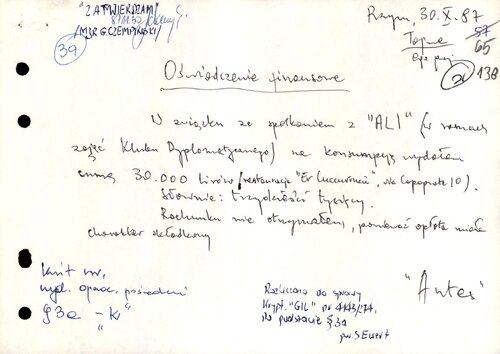 Oświadczenie finansowe oficera operacyjnego rezydentury w Rzymie pseudonim Antes o poniesionych wydatkach w związku ze spotkaniem z figurantem pseudonim Ali, czyli Aldrichem H. Amesem, 30 października 1987 roku