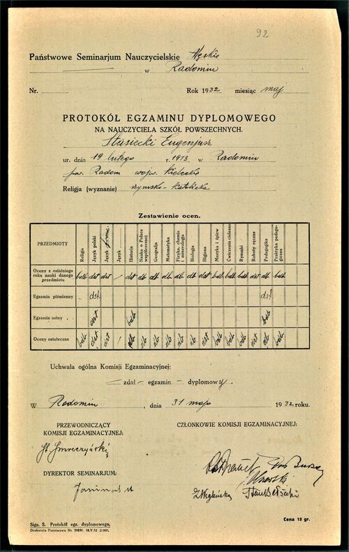 Protokół egzaminu dyplomowego na nauczyciela szkół powszechnych (zbiory AP w Radomiu)