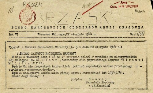 Informacja w prasie konspiracyjnej o śmierci Eugeniusza Stasieckiego (zbiory Mazowiecka Biblioteka Cyfrowa)